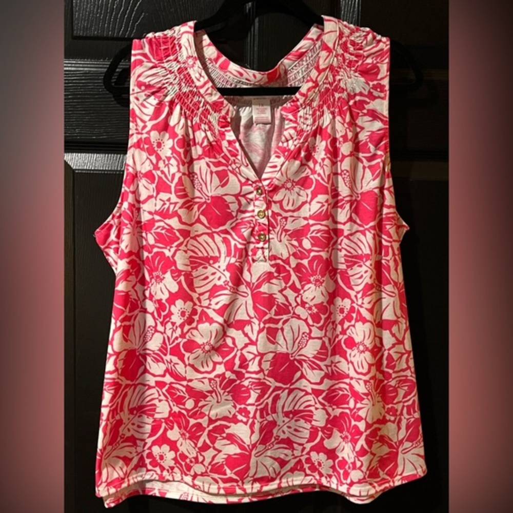 Stella Parker Ruched Neckline Tropical Print Popover Blouse